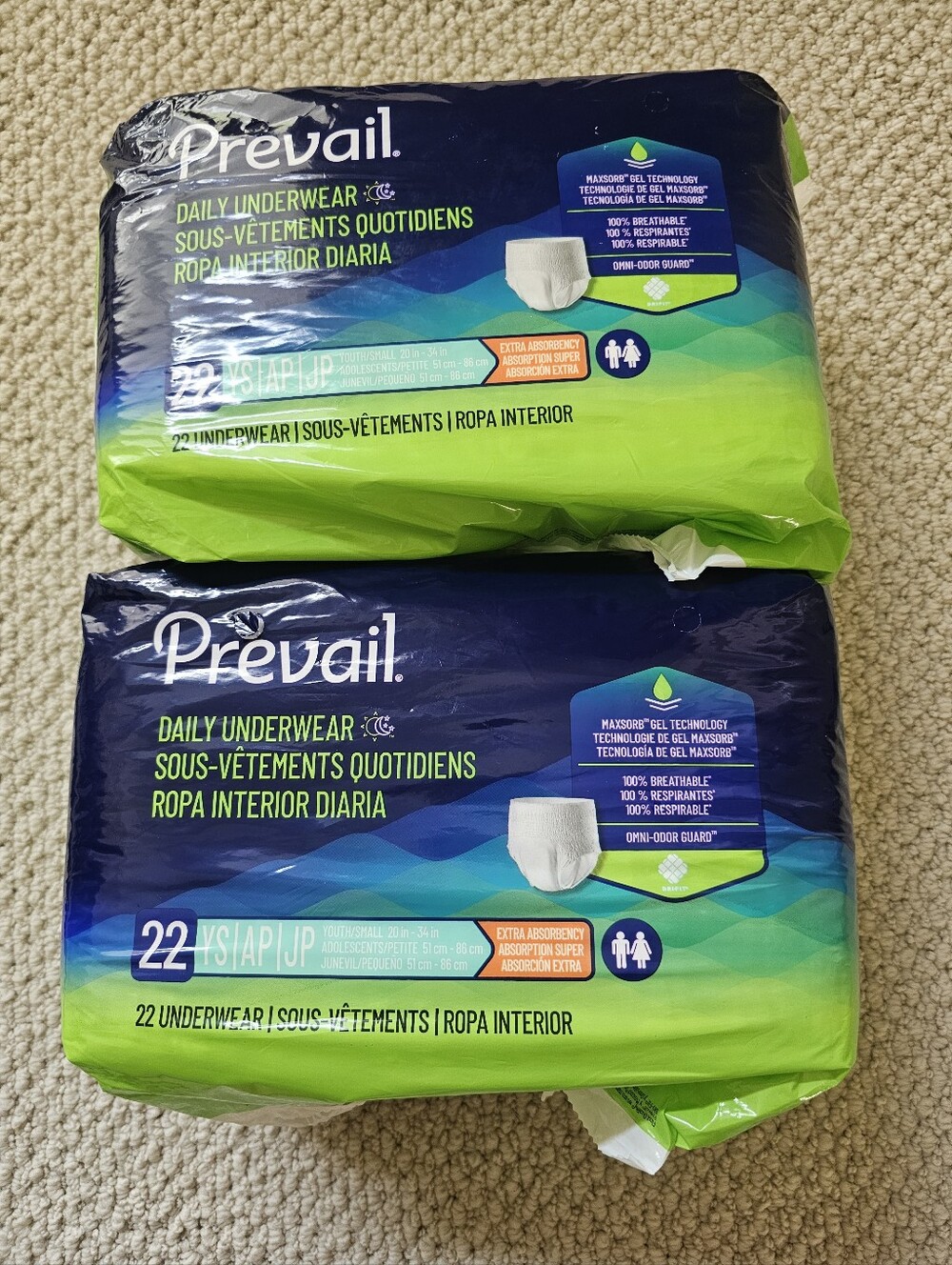 Prevail Daily Underwear Unisex Youth / Small 20 - 34 Inch New 2 X 22 Count